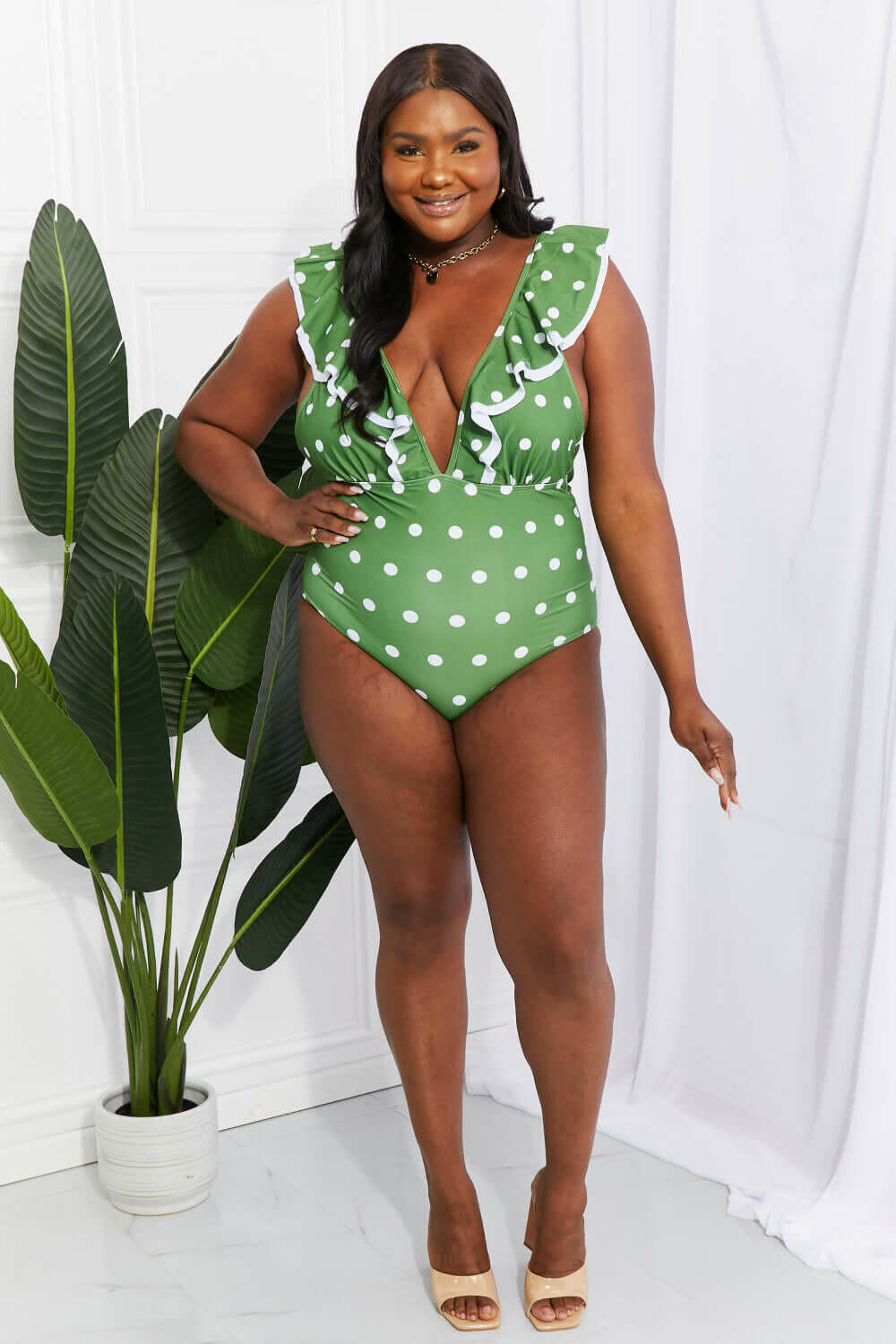 Marina West Swim Moonlit Dip Ruffle Plunge Swimsuit in Mid Green.