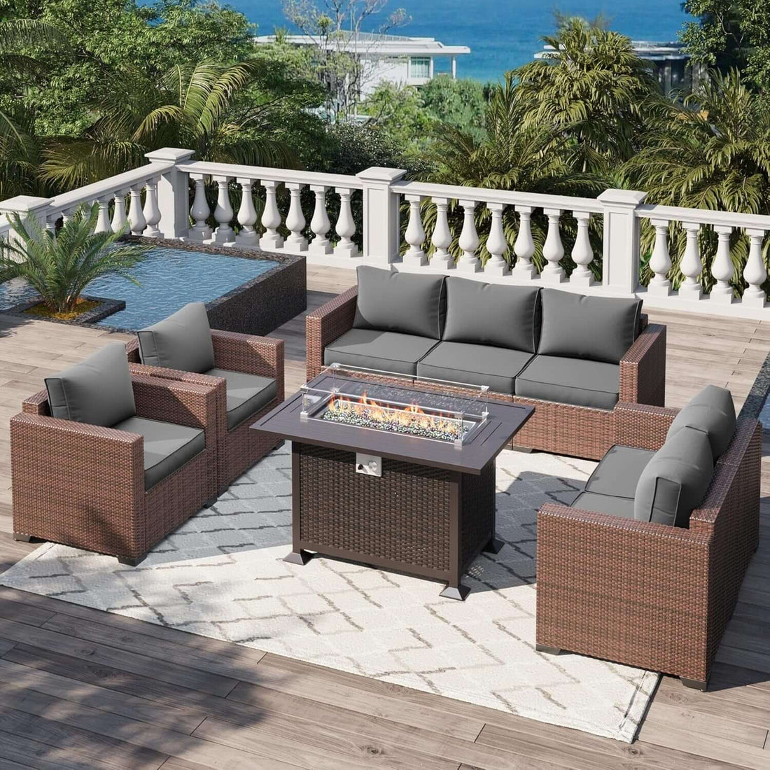 5 Piece Wicker Patio Furniture Set With Fire Pit Table Grey