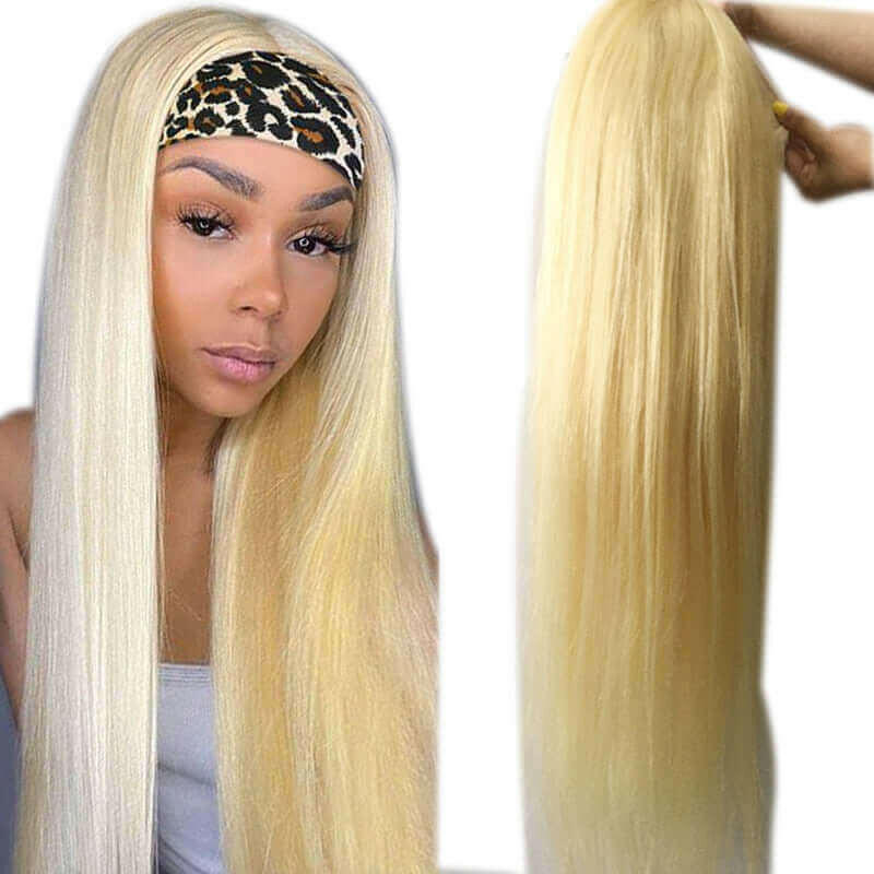 Straight 1B/613 Headband Human Hair Wigs For Black Women Blonde Scarf.