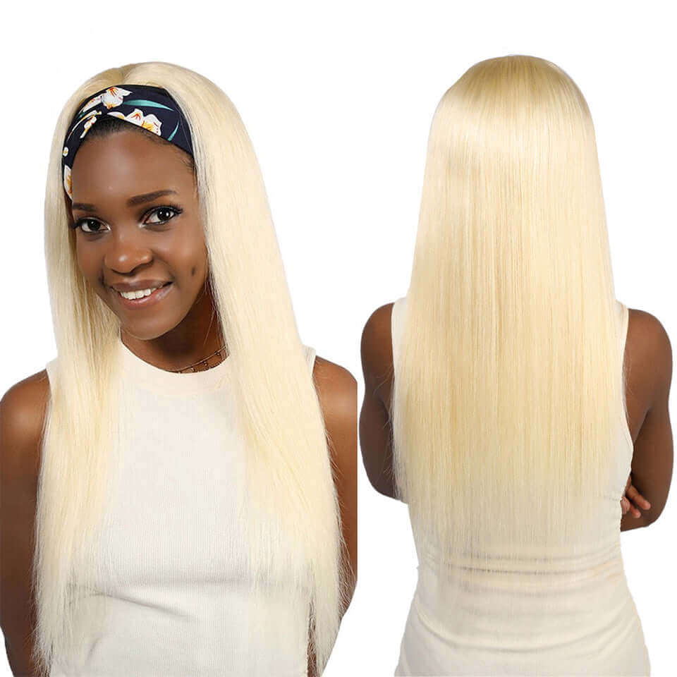 Straight 1B/613 Headband Human Hair Wigs For Black Women Blonde Scarf