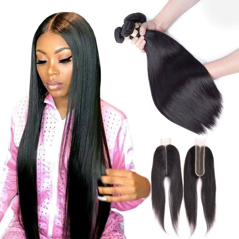 BeuMax 10A Grade 3/4 Straight Hair Bundles with 2x6 Closure Brazilian.