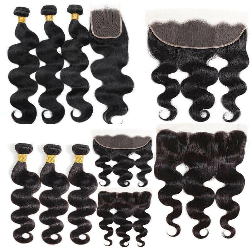 10A Grade Body Wave 3/4 Human Hair Bundles with 4x4 Closure 13x4 front.