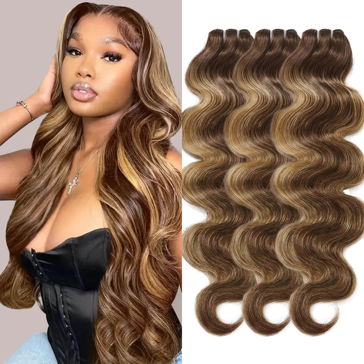 WEQUEEN Body Wave Human Hair Bundles – 16/18/20 Inches, P427 Brown Highlights