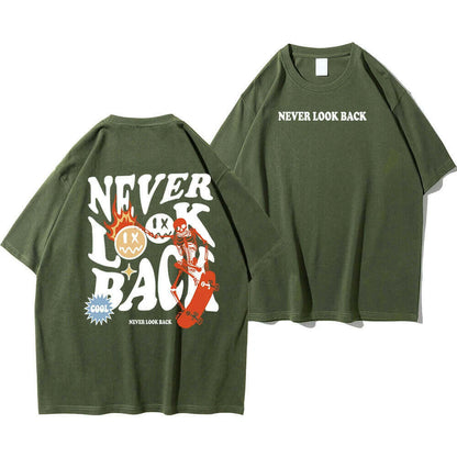 Never Look Back Creative Smile Skull Printing Cartoons Street Print Tshirt Man Loose Tee Clothes Cotton Crewneck Tops T-Shirt