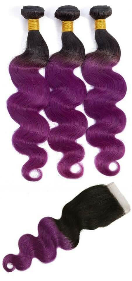 Body Wave 10A Grade Purples #1B/ purple 3/4 BUNDLES with CLOSURES & FR.