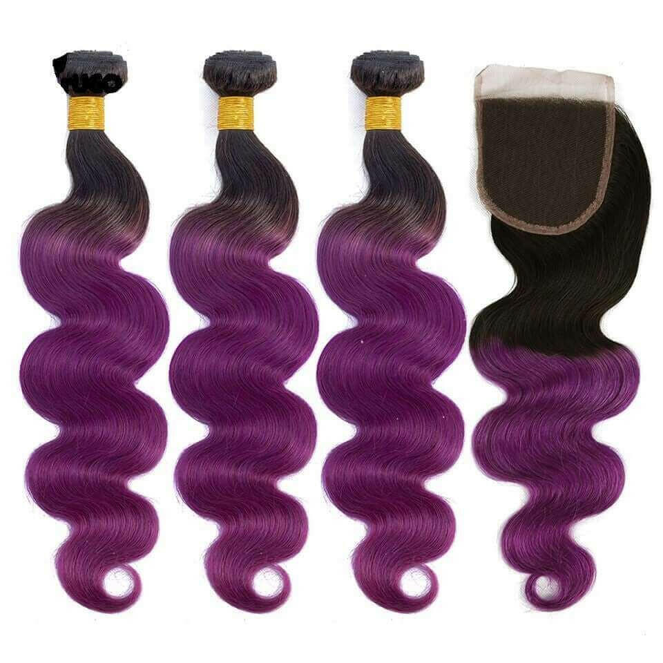 Body Wave 10A Grade Purples #1B/ purple 3/4 BUNDLES with CLOSURES & FR.