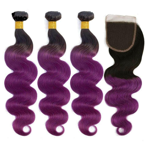 Body Wave 10A Grade Purples #1B/ purple 3/4 BUNDLES with CLOSURES & FR.