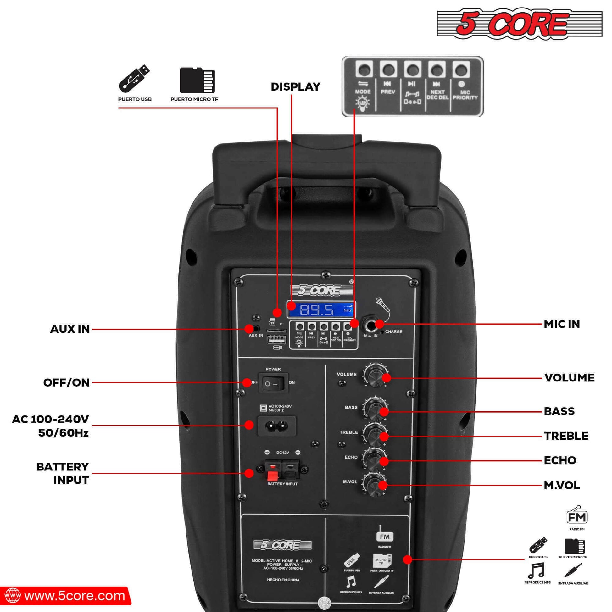 5Core Party Speaker Portable PA System 2 Wireless Mic Bluetooth Loud.