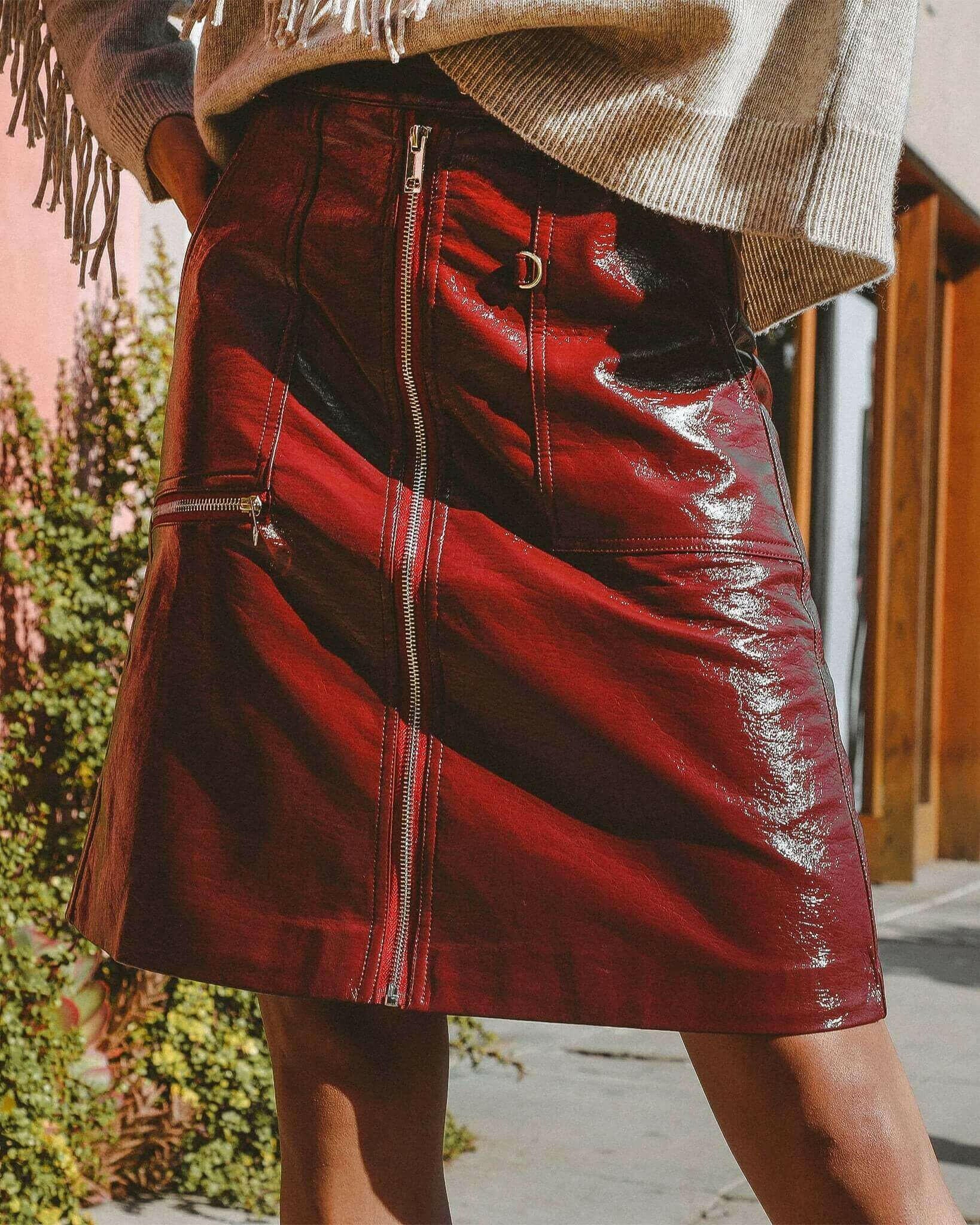 Bordeaux Faux Leather Zip Up Pencil Skirt.