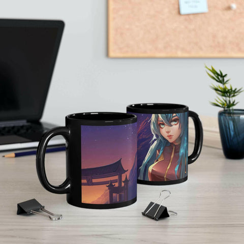 Anime Girl in Space Black Coffee Tea Mug.