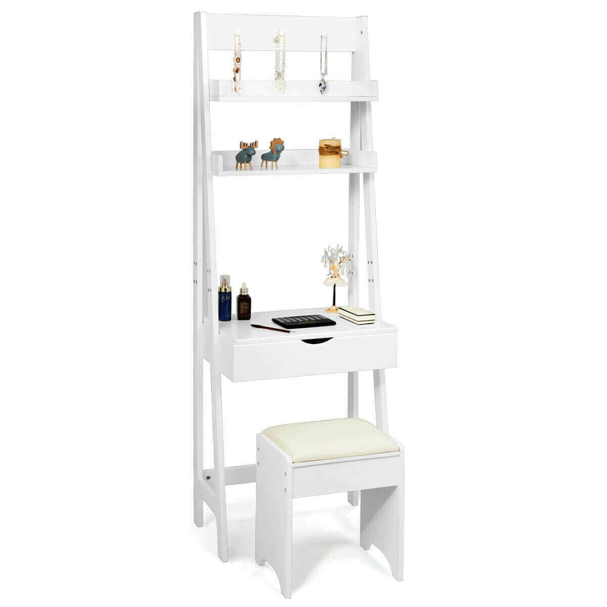 Ladder Styled Dressing Table with Shelves, Mirror and Stool.