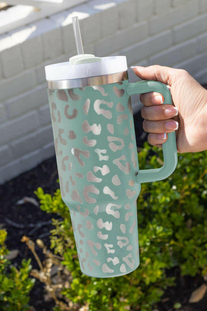 White Leopard Print 40OZ Stainless Steel Portable Cup with Handle.