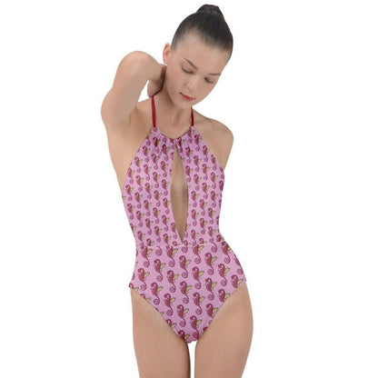 Pink Seahorses Plunge Cut Halter Swimsuit.