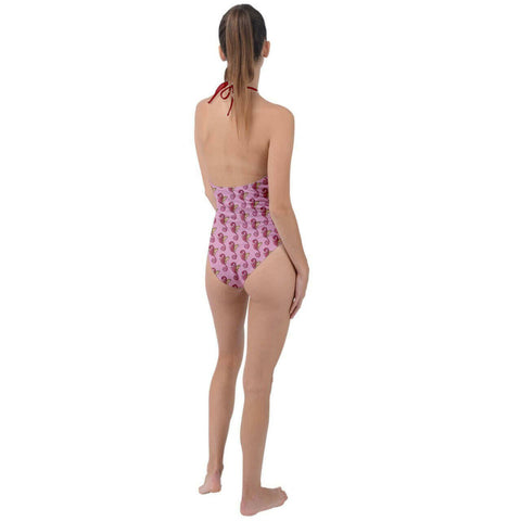 Pink Seahorses Plunge Cut Halter Swimsuit.