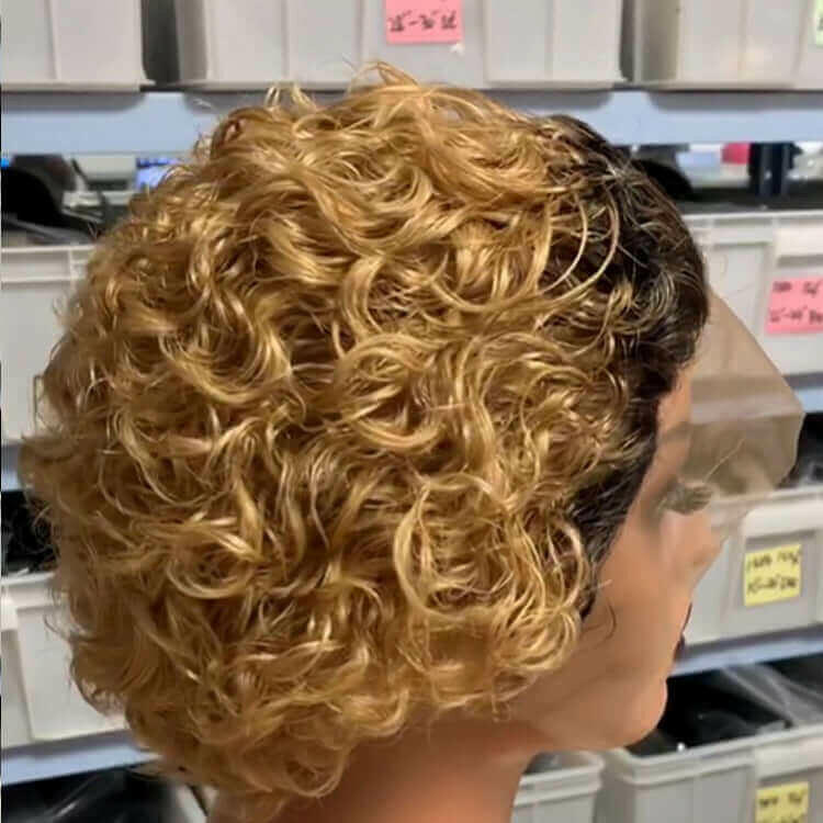 Ombre Short Pixie Cut 13x4x1 T Lace Front Curly Human Hair Wigs 8 Inch.