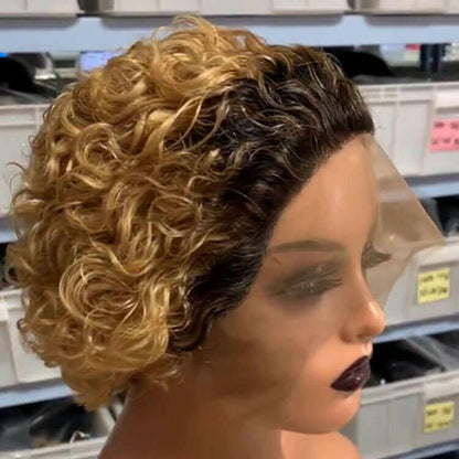 Ombre Short Pixie Cut 13x4x1 T Lace Front Curly Human Hair Wigs 8 Inch.