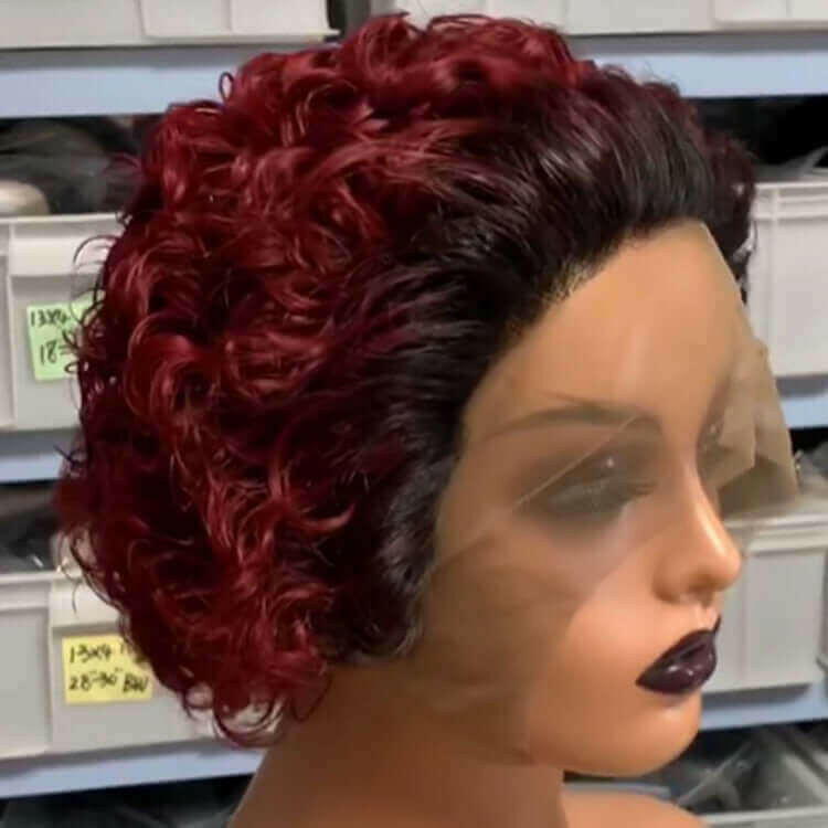 Ombre Short Pixie Cut 13x4x1 T Lace Front Curly Human Hair Wigs 8 Inch