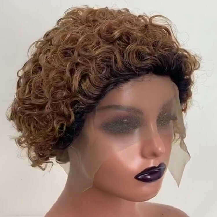 Ombre Short Pixie Cut 13x4x1 T Lace Front Curly Human Hair Wigs 8 Inch.