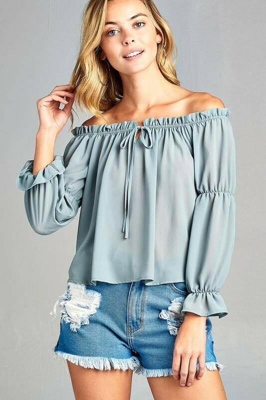 Women's Puff Long Sleeve Ruffled Front Tie Off Shoulder Top.