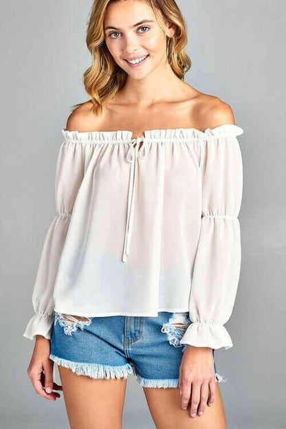 Women's Puff Long Sleeve Ruffled Front Tie Off Shoulder Top.