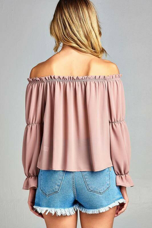 Women's Puff Long Sleeve Ruffled Front Tie Off Shoulder Top.