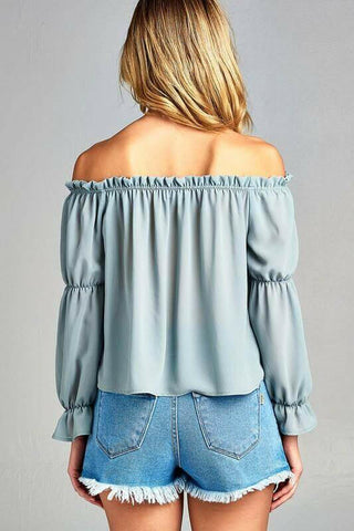 Women's Puff Long Sleeve Ruffled Front Tie Off Shoulder Top.