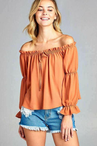 Women's Puff Long Sleeve Ruffled Front Tie Off Shoulder Top.