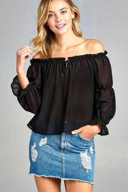 Women's Puff Long Sleeve Ruffled Front Tie Off Shoulder Top.