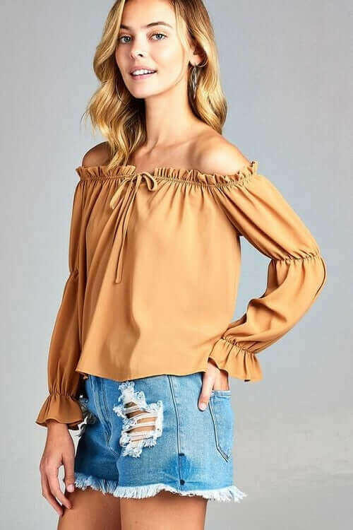 Women's Puff Long Sleeve Ruffled Front Tie Off Shoulder Top.