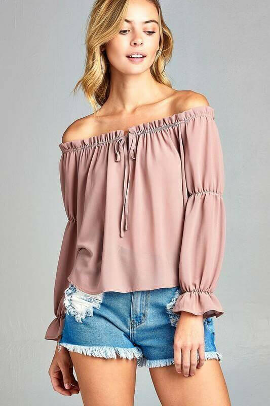 Women's Puff Long Sleeve Ruffled Front Tie Off Shoulder Top.