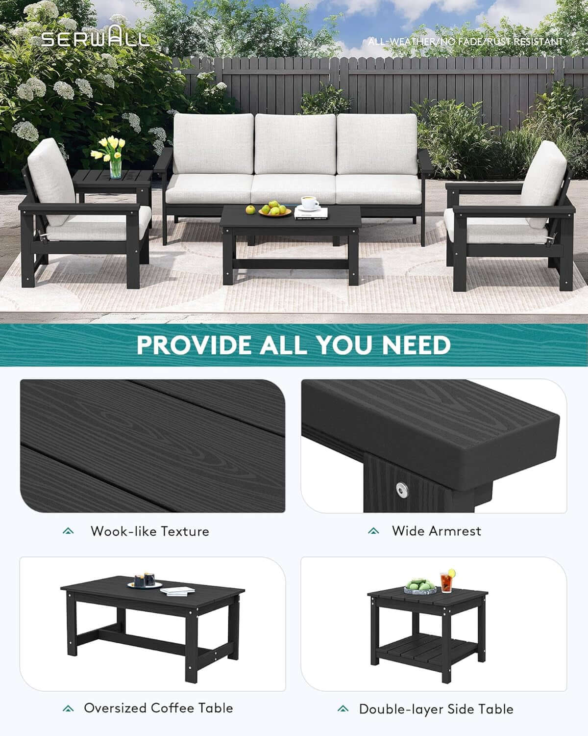 HDPE Outdoor Patio Furniture Set 7 Piece All Weather