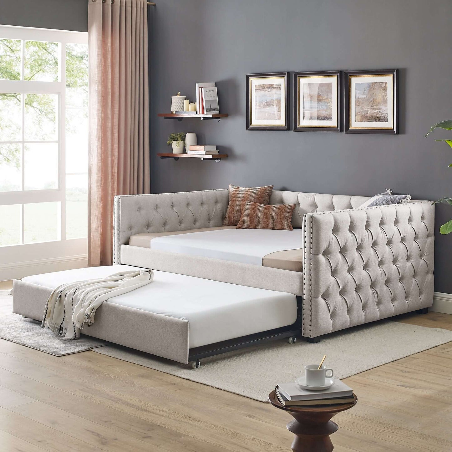 Daybed with Trundle Upholstered Tufted Sofa Bed, with Button and