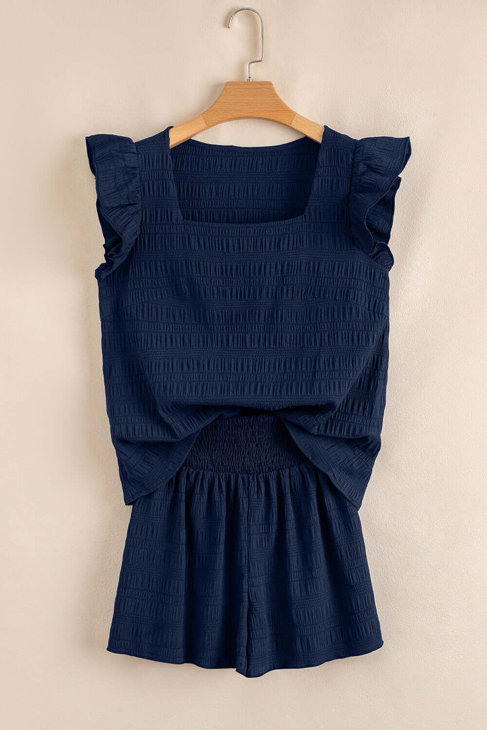 Textured Square Neck Top &amp; High Waist Shorts Set