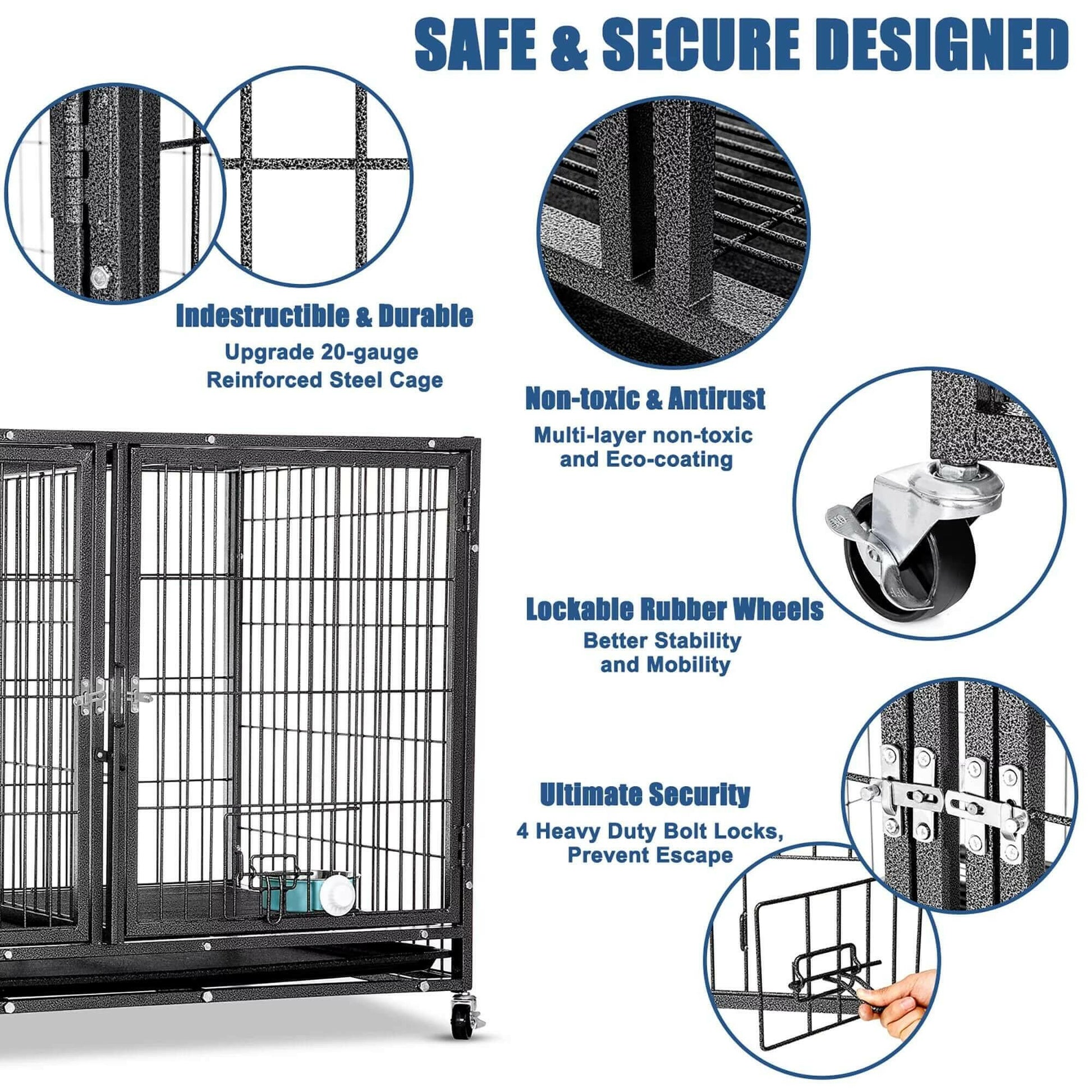 37" Heavy Duty Dog Crate for Large Dogs, 2-In-1 Stackable Dog Kennels and Metal Wire Cages with Wheels,Sturdy Locks Design, Feeding Bowls,Leak-Proof Pan,Double Door and Removable Tray Design