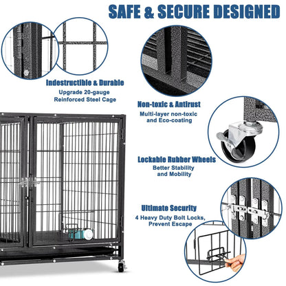 37" Heavy Duty Dog Crate for Large Dogs, 2-In-1 Stackable Dog Kennels and Metal Wire Cages with Wheels,Sturdy Locks Design, Feeding Bowls,Leak-Proof Pan,Double Door and Removable Tray Design