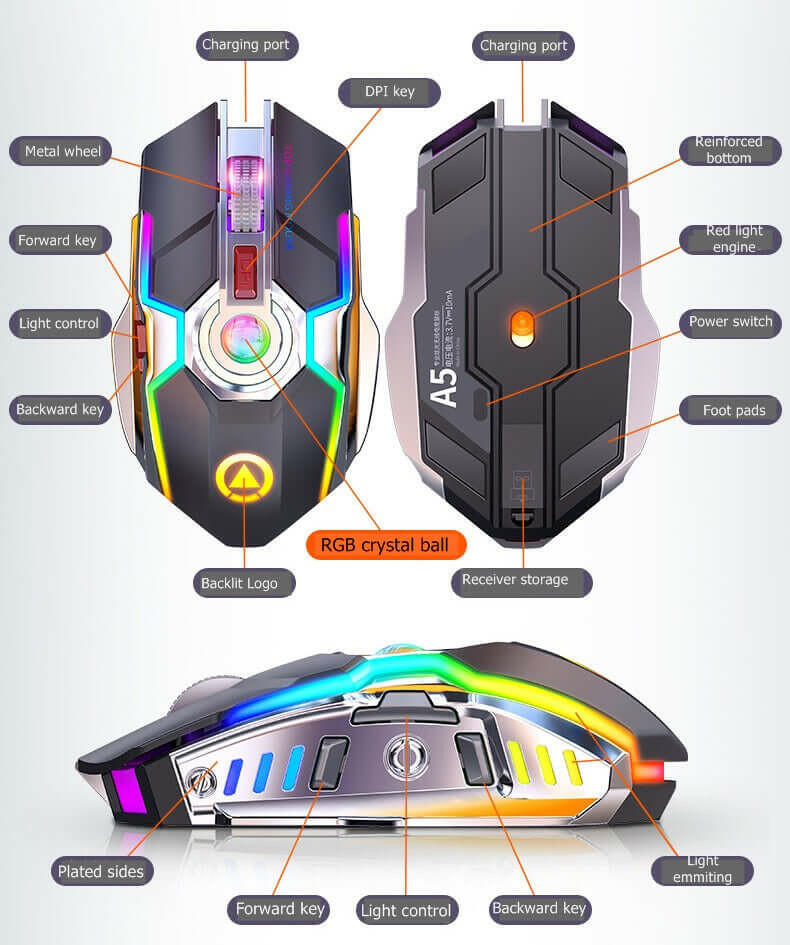 Color Wireless Gaming RGB Rechargeable Mute Button Mouse.