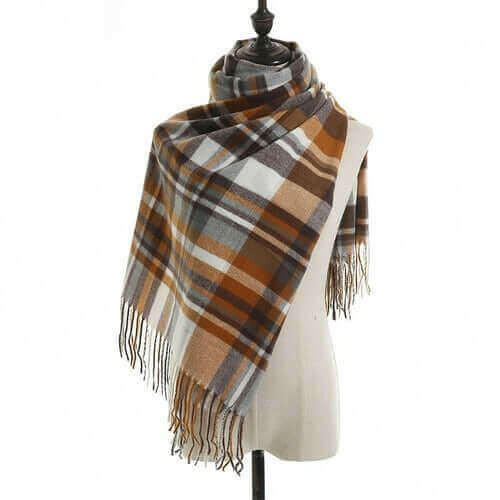 Women's Fall Winter Scarf Classic Tassel Plaid Scarf Warm Tartan Wrap