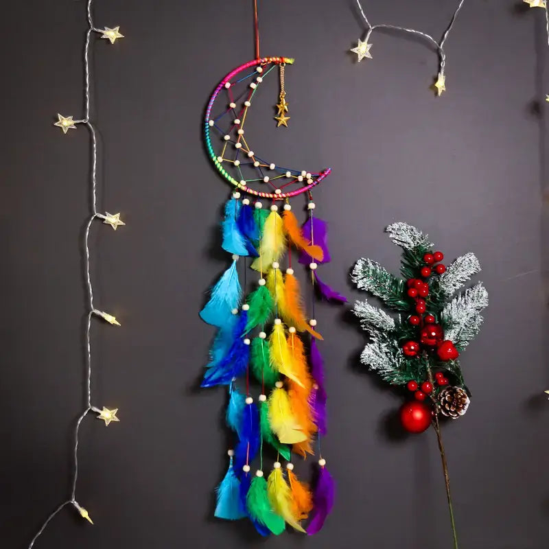 Colorful Moon &amp; Star Dream Catcher with Faux Feathers