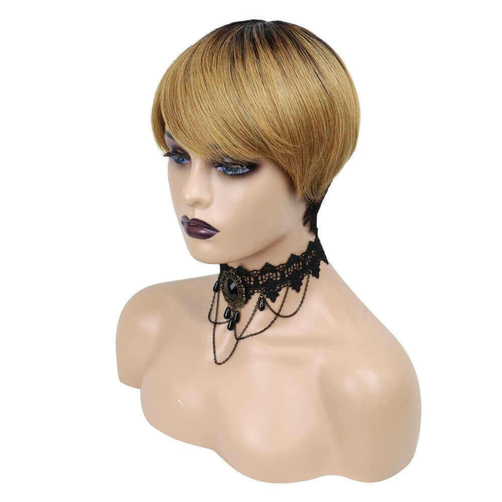 6inch #Burg Pixie Short Cut 100% Straight Human Hair Wig with Bangs Br.