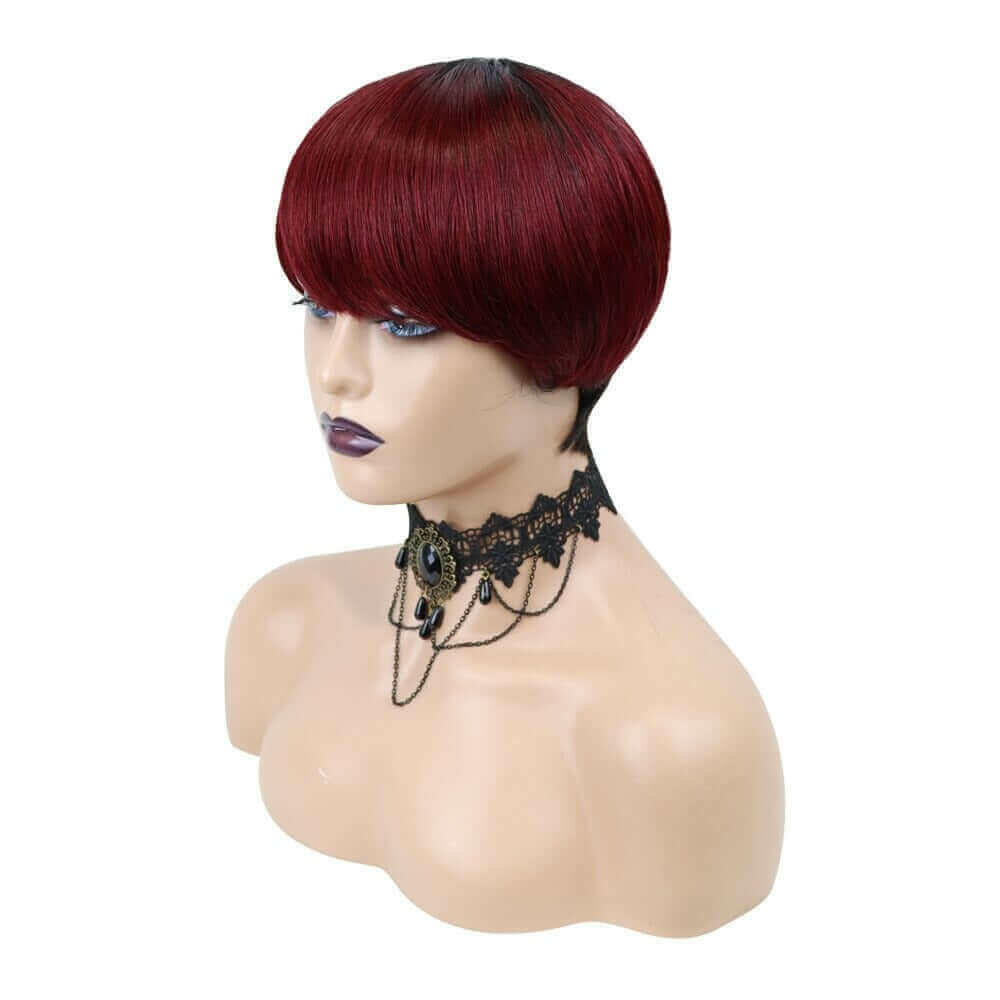 6inch #Burg Pixie Short Cut 100% Straight Human Hair Wig with Bangs Br.