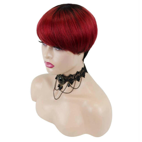 6inch #Burg Pixie Short Cut 100% Straight Human Hair Wig with Bangs Br.