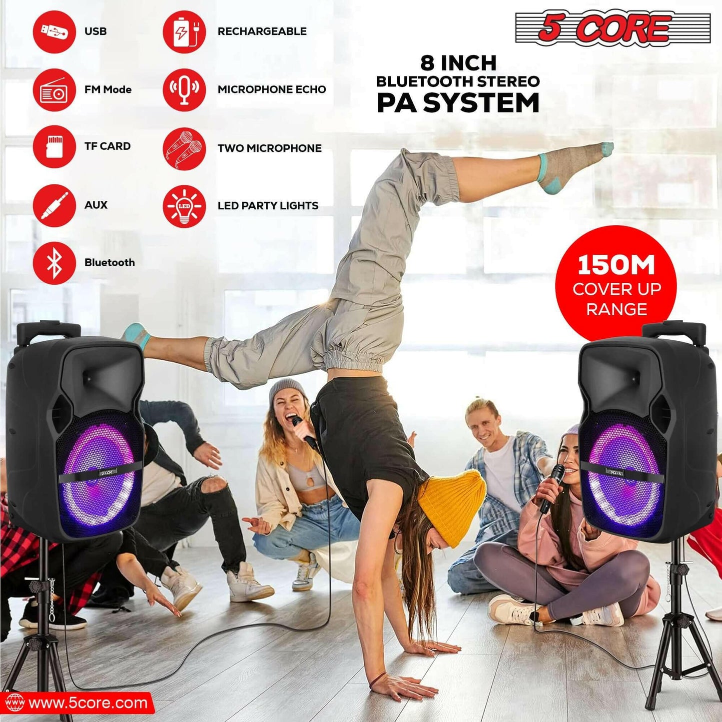 5Core Party Speaker Portable PA System 2 Wireless Mic Bluetooth Loud.