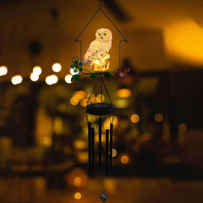 Solar Owl Wind Chime Light Outdoor LED Bird Sculpture Hanging Lamp.