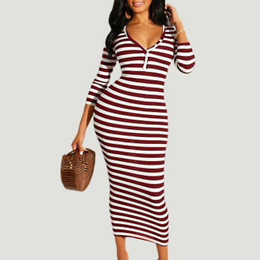 Sexy striped midi bodycon dress Women autumn winter female.