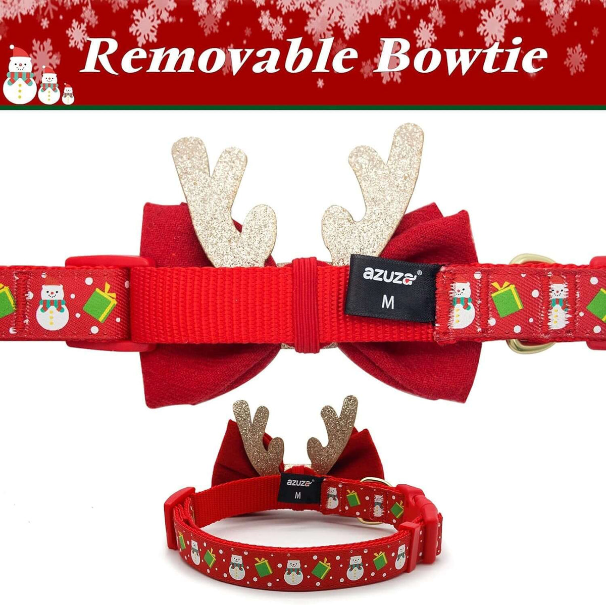 azuza Christmas Snowman Dog Collar with Removable Antler Bowtie