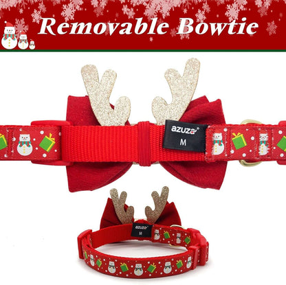 azuza Christmas Snowman Dog Collar with Removable Antler Bowtie