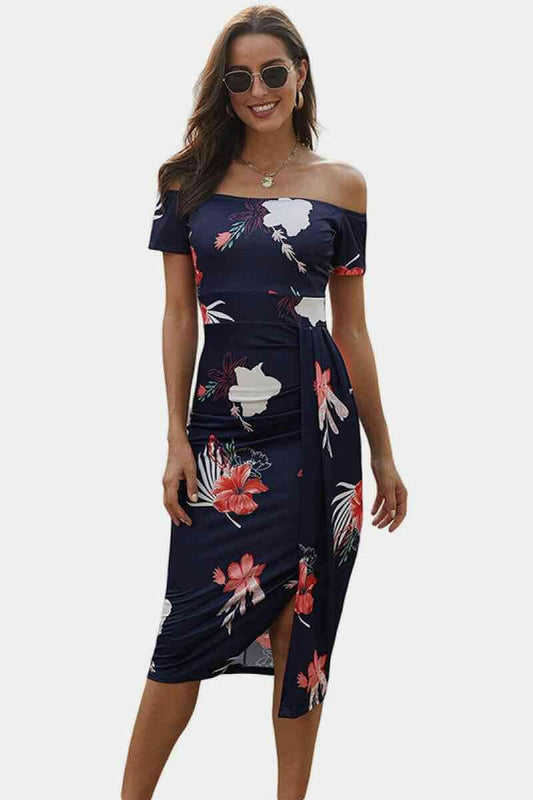 Navy Red Floral Print Short Sleeve Off Shoulder Midi Dress.