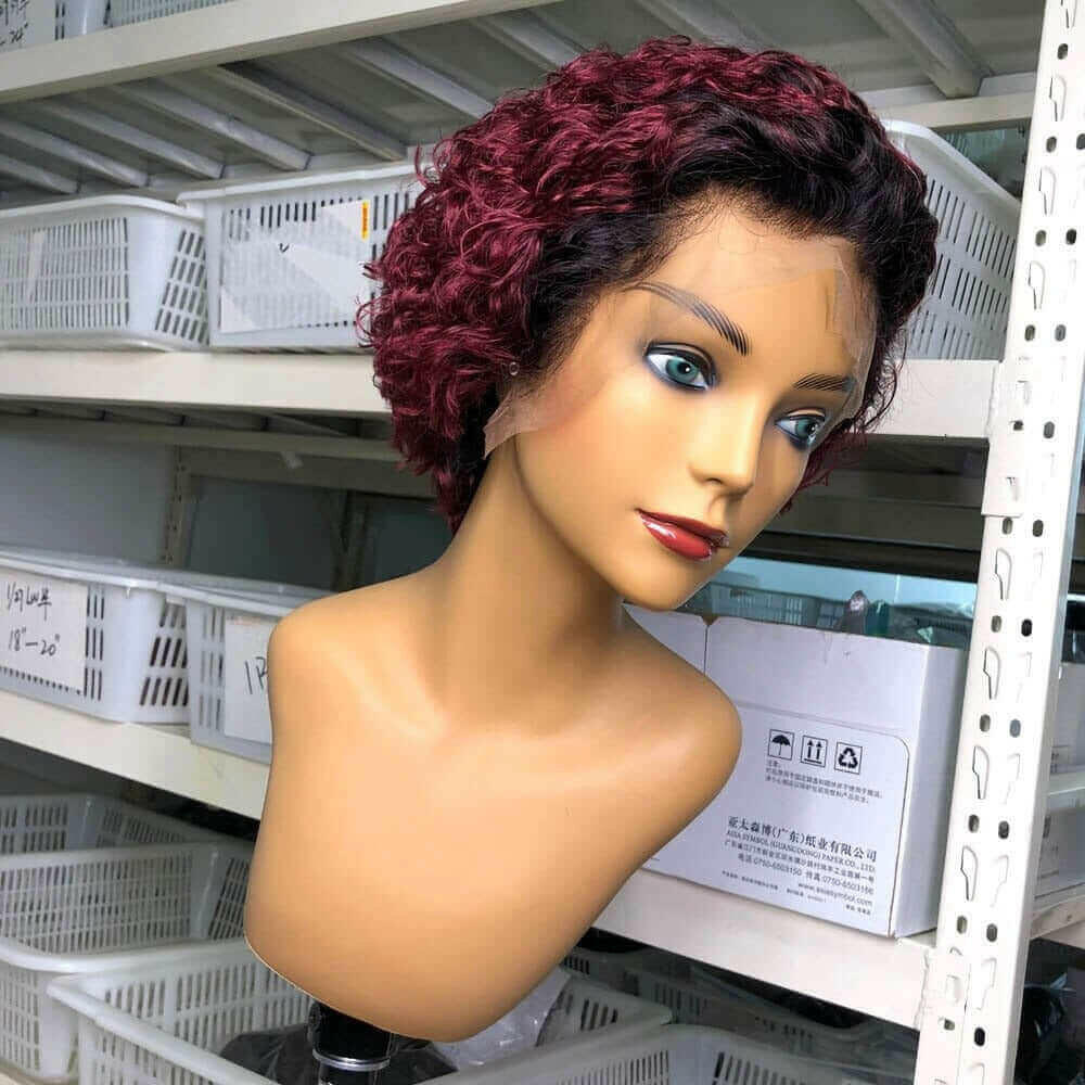 Ombre Short Pixie Cut 13x4x1 T Lace Front Curly Human Hair Wigs 8 Inch.