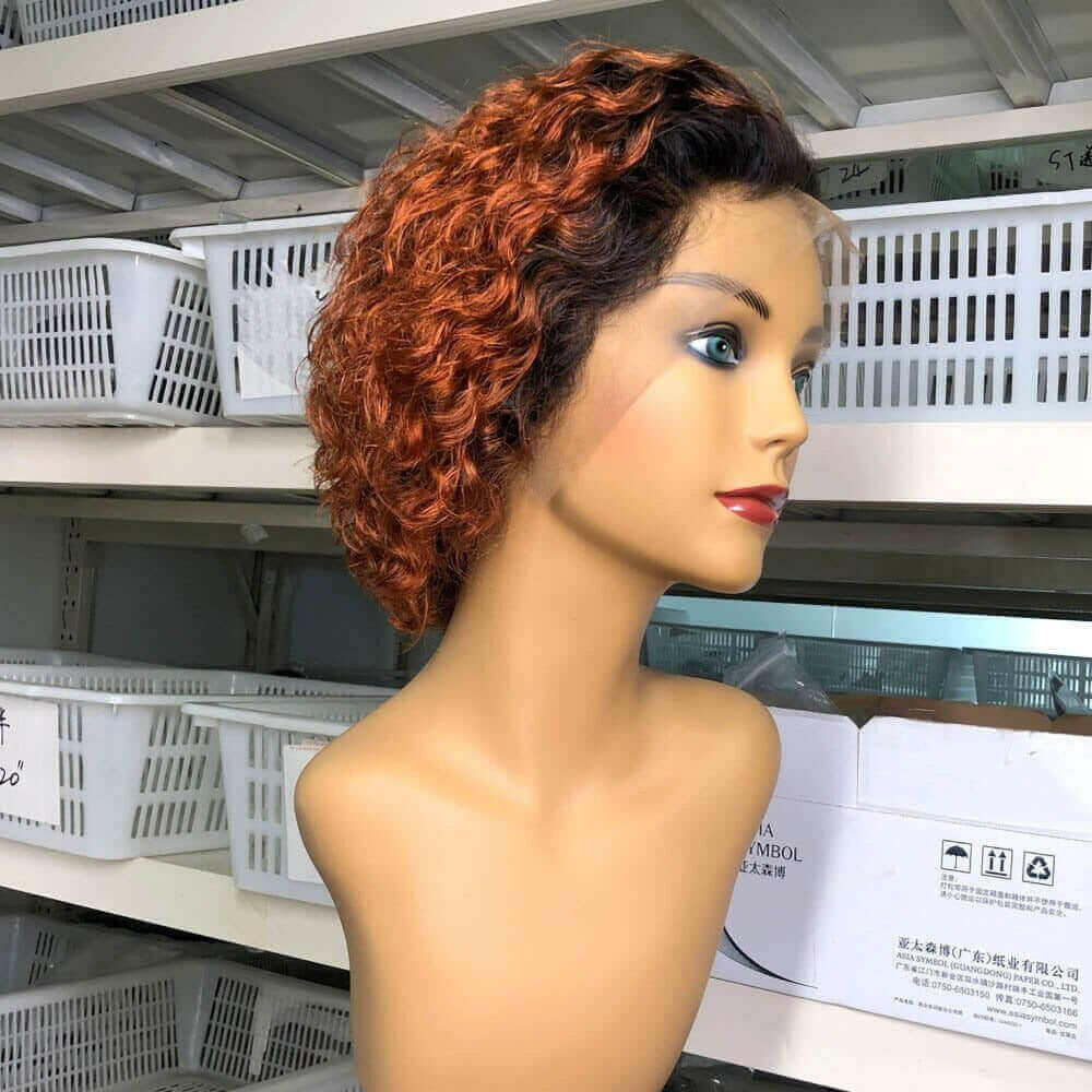 Ombre Short Pixie Cut 13x4x1 T Lace Front Curly Human Hair Wigs 8 Inch.