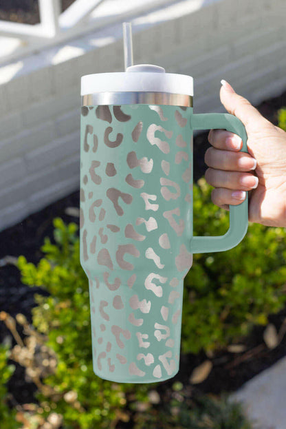 White Leopard Print 40OZ Stainless Steel Portable Cup with Handle.